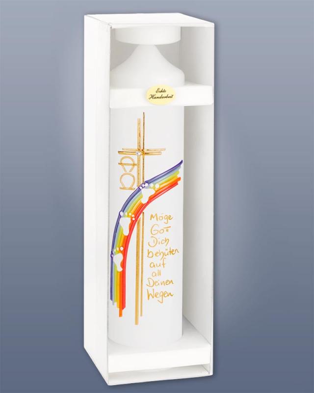 Taufkerze mit Taufspruch 265 x 60 mm Regenbogen A&O