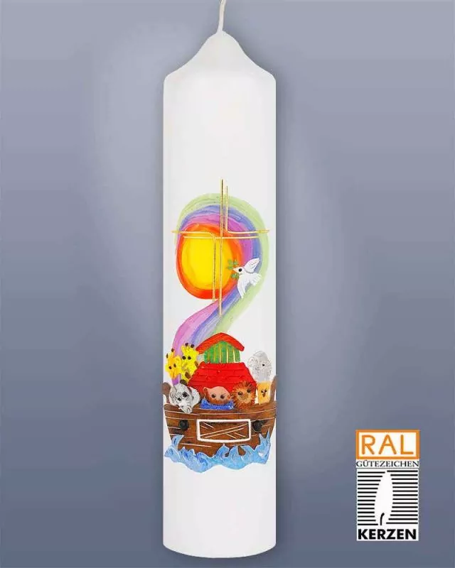 Taufkerze Arche Noah mit Regenbogen 265 x 60 mm Taufkerze Arche Noah mit Regenbogen 265 x 60 mm