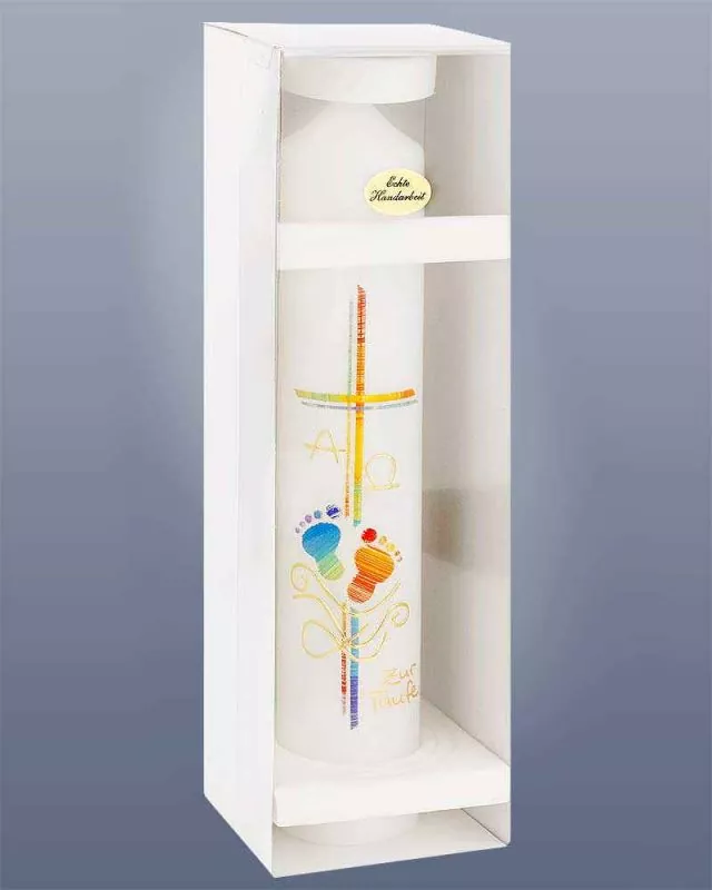 Taufkerze Kreuz mit bunten Kinderfüßen 265 x 50 mm