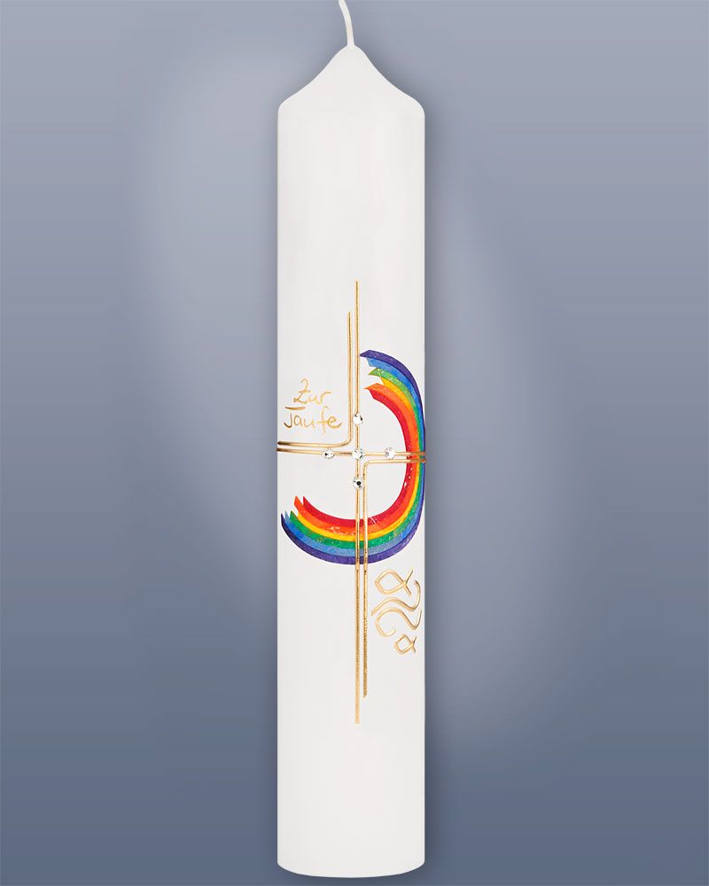 Taufkerze Regenbogen bunt 265 x 50 mm mit Goldkreuz