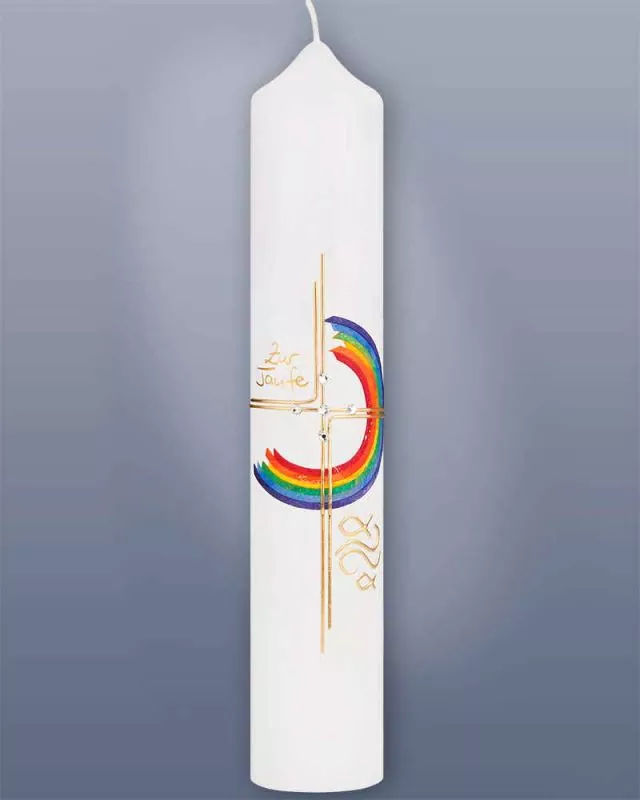 Taufkerze Regenbogen bunt 265 x 50 mm mit Goldkreuz