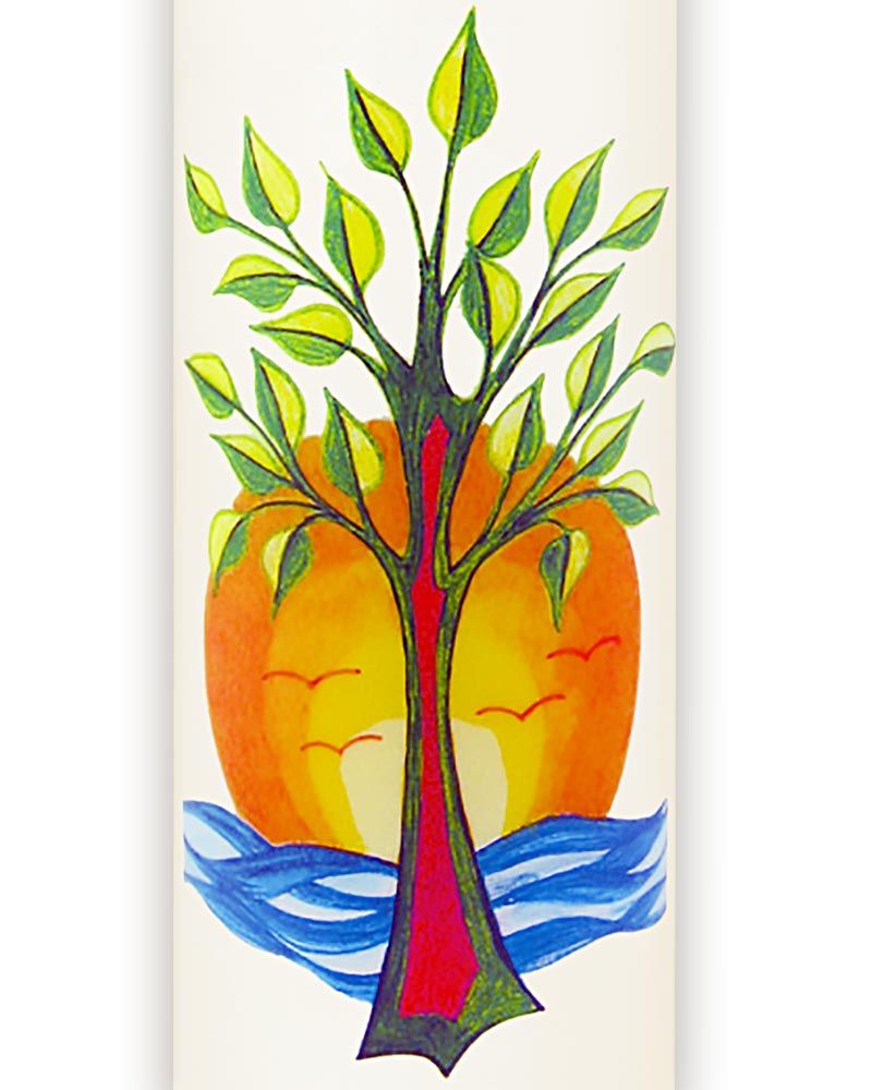 Kerze 165x60 mm Lebensbaum und Sonne m. Wasser