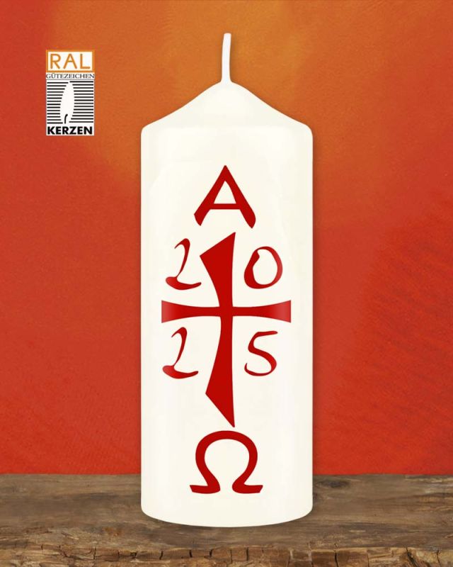 Osterkerze 120 x 60 mm A+O mit Jahreszahl 2025, rot