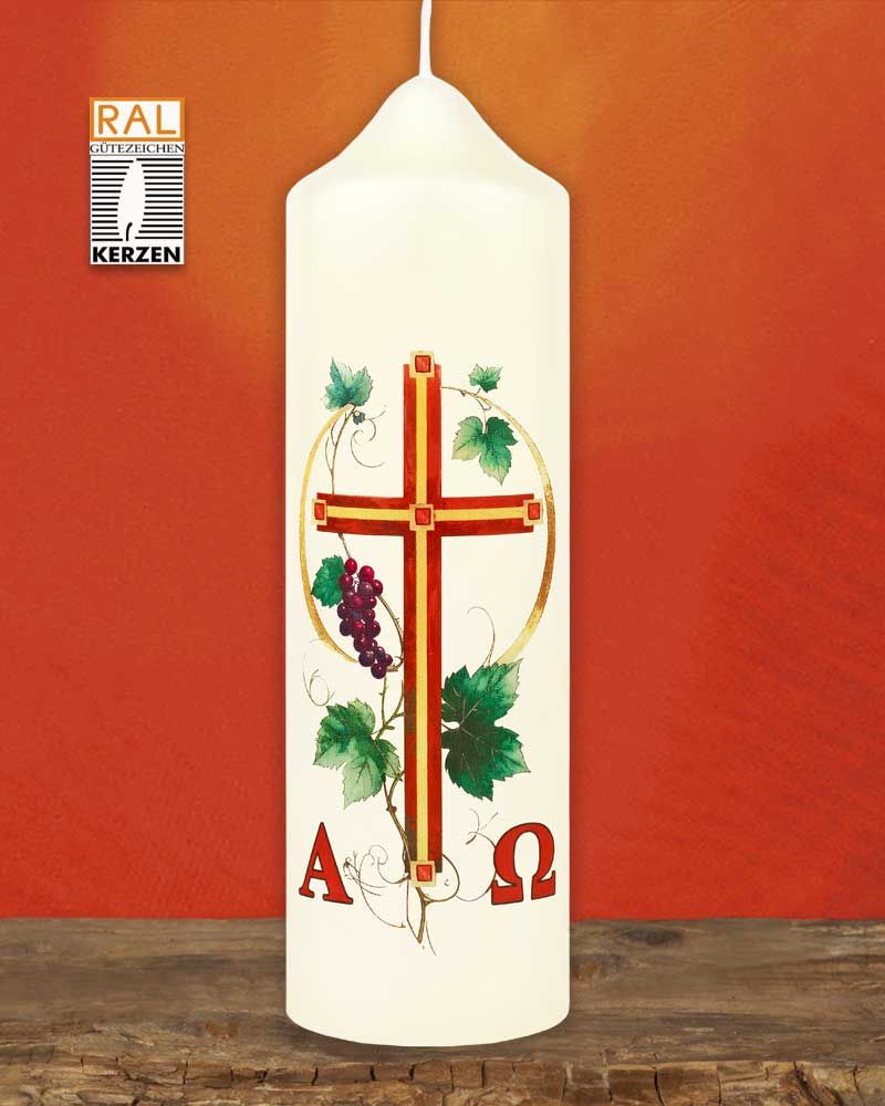 Osterkerze 165 x 50 mm " Kreuz mit Weinrebe " A+O