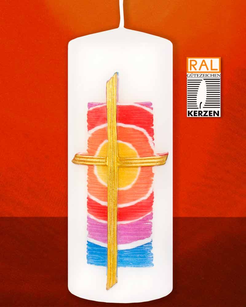Osterkerze 150 x 60 mm A+O Applikation farbig Goldkreuz