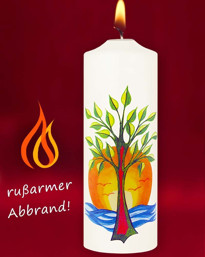 Kerze 165x60 mm Lebensbaum und Sonne m. Wasser