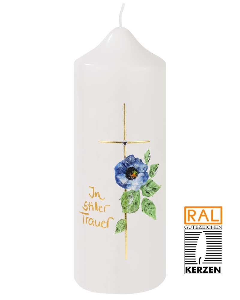 Trauerkerze 165 x 60 mm, Kreuzsmbol mit Blume