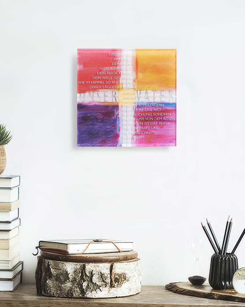 Acrylglastafel Vaterunser Kreuz Lichtbild Rot 15 x 15 cm