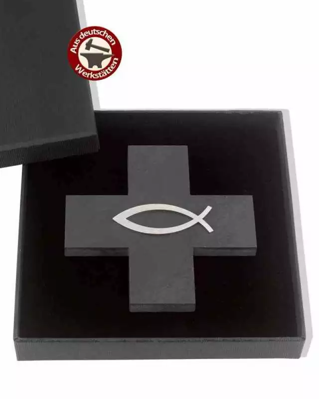 Schieferkreuz 12 x 12 cm mit Fisch aus Edelstahl