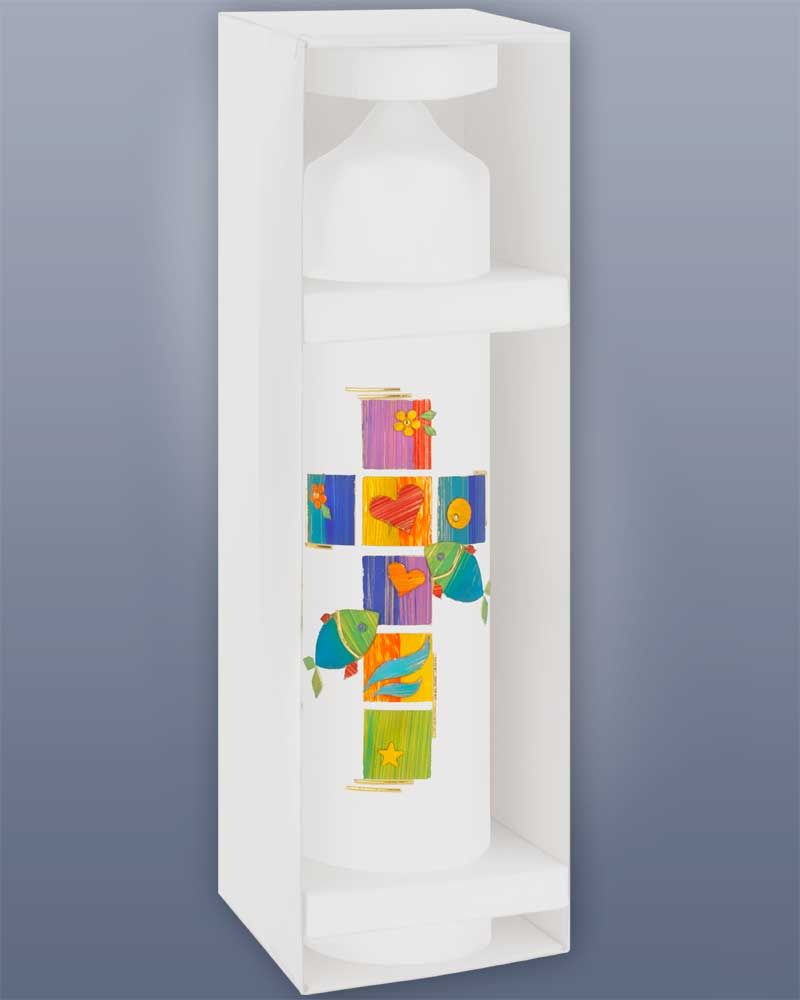Taufkerze 265 x 50 mm Kreuz bunte Wachsauflagen