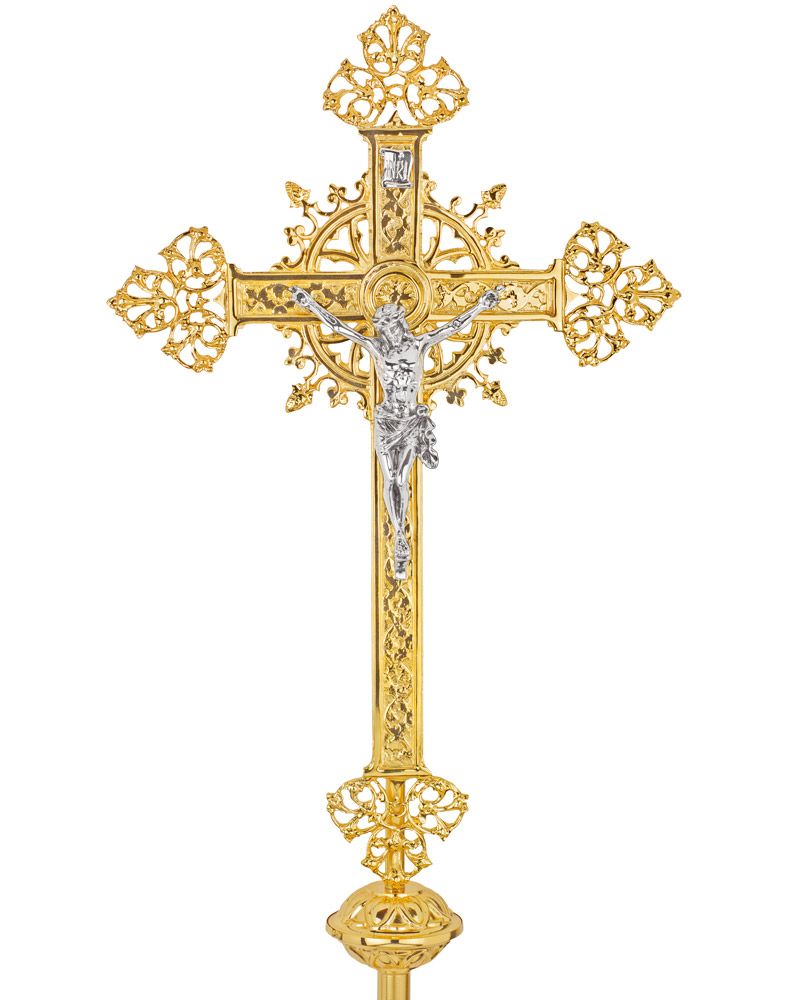 Vortragekreuz vergoldet 42 x 70 cm mit Stange 160 cm