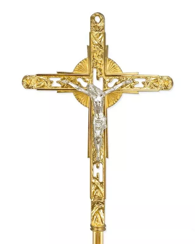 Vortragekreuz modern, vergoldet, mit Stange