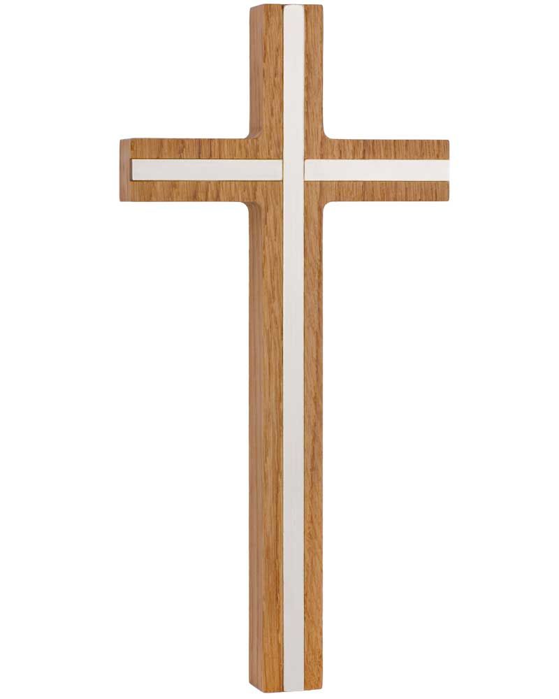 Holzkreuz Eiche, 10 x 22 cm mit silberfarbiger Einlage