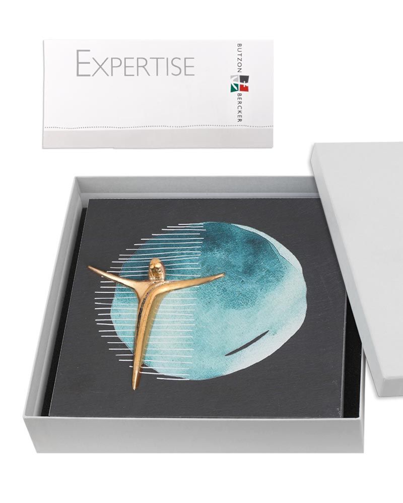 Schieferrelief mit Korpus aus Bronze, 17 x 17 cm