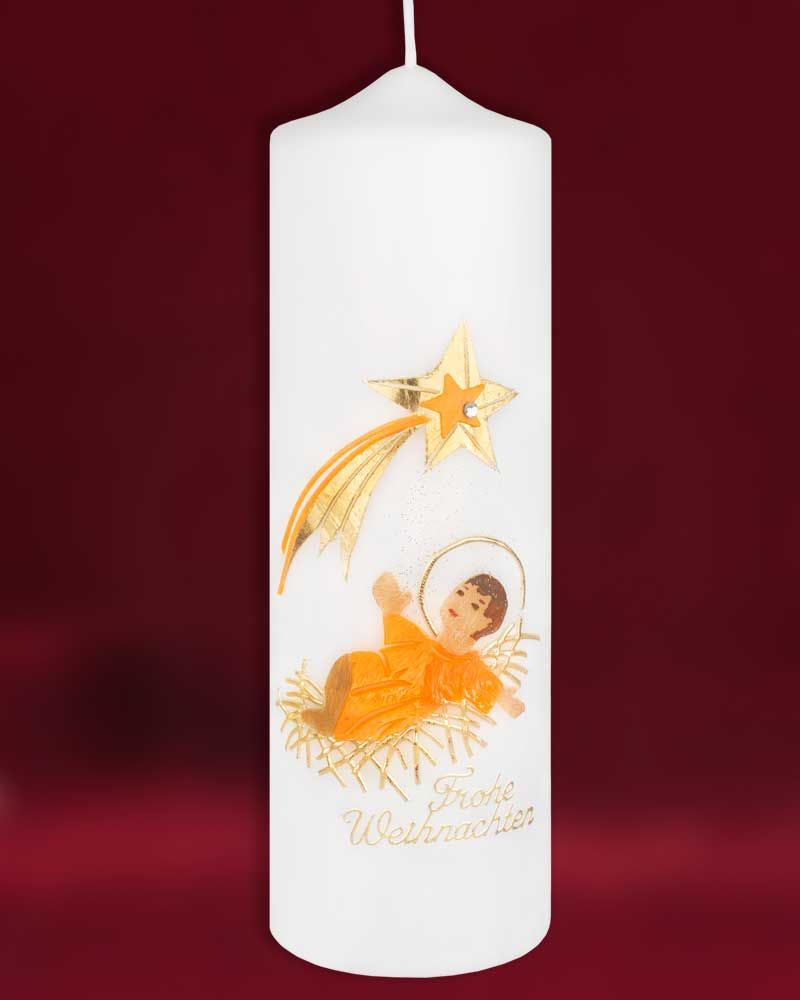 Weihnachtskerze 225x70mm Jesukind in Krippe Handarbeit