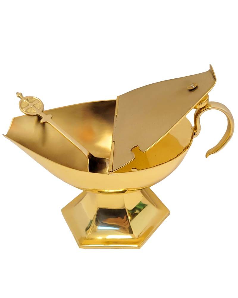 Schiffchen Messing vergoldet mit Löfferl 9 cm hoch