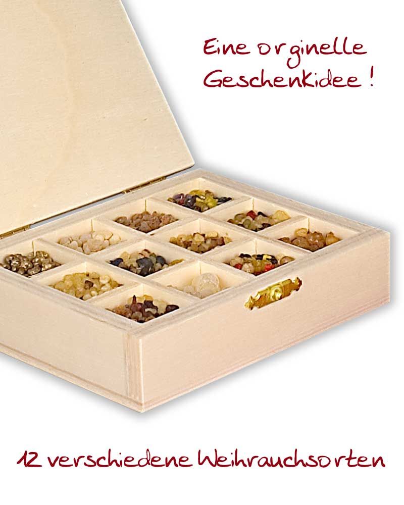 Weihrauch 12 Sorten im Holzkasten 11,5 x 9,5 cm