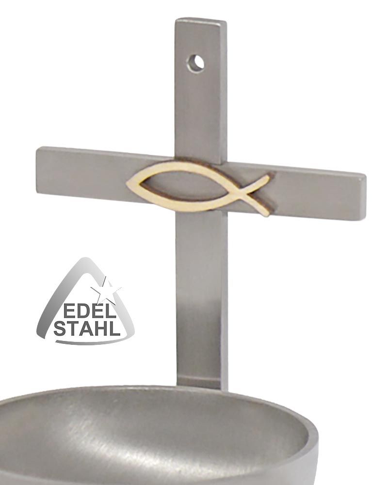 Wandweihkessel Edelstahl mit Holzfisch 12 x 7 x 7,5 cm