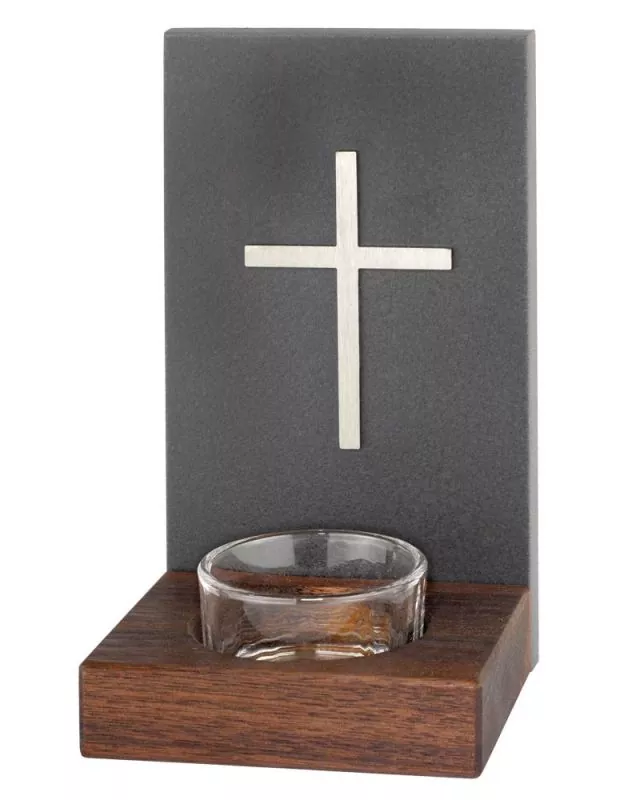 Wandweihkessel Stahlkreuz Stein Nußbaum Glas