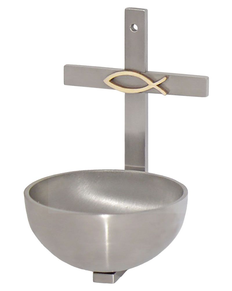 Wandweihkessel Edelstahl mit Holzfisch 12 x 7 x 7,5 cm