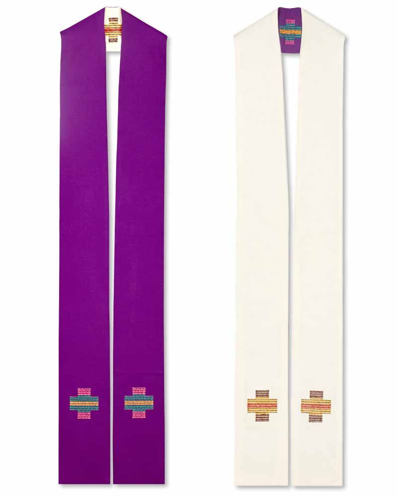 Doppelstola weiß & violett 140 cm mit gesticktem Kreuz