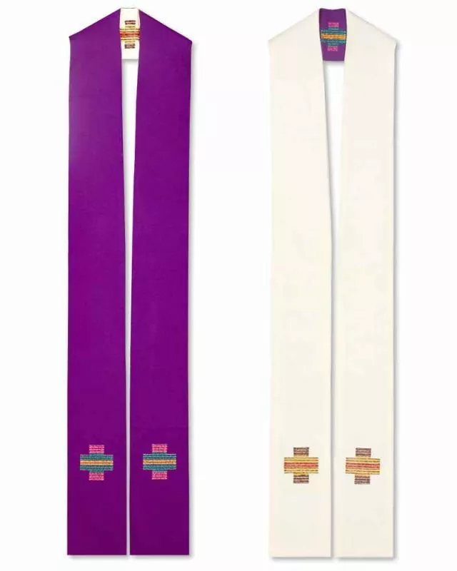 Doppelstola weiß & violett 140 cm mit gesticktem Kreuz