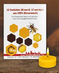 12 Teelichtkerzen 38 x 17 mm 100% Bienenwachs, natur