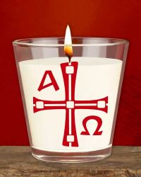 12 Kerzengläser 65 x 65 mm, A + O,  mit Wachsfüllung