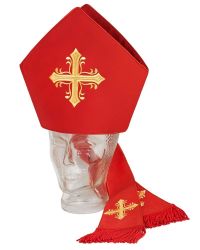 Nikolausmitra Damast rot mit Barockbordüre