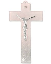 Wandkreuz Glas rosefarben 24 x 13 cm mit Christus