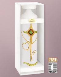 Hochzeitskerze 250 x 80 mm Kreuzdekor grün, Ringe & Herz