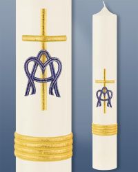 Marienkerze 400 x 60 mm Marienzeichen und goldenes Kreuz