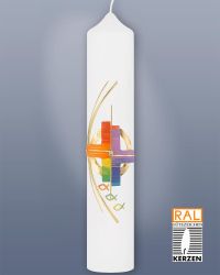 Taufkerze 265 x 50 mm Regenbogen Kreuz & Fische