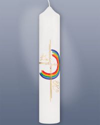 Taufkerze Regenbogen bunt 265 x 50 mm mit Goldkreuz